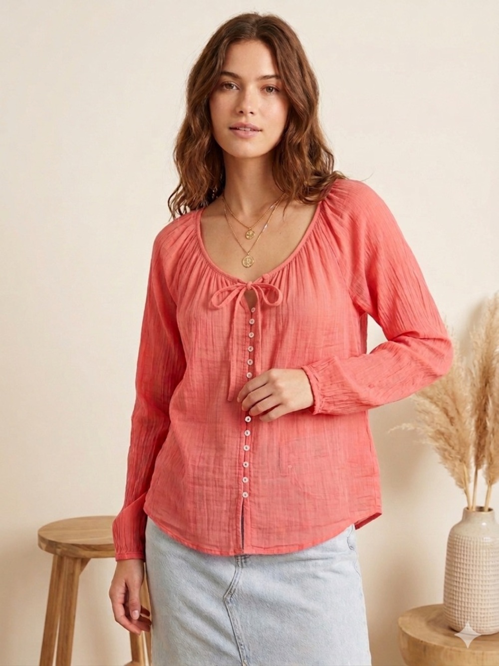 Splendid Coral Button-Down Peasant Blouse